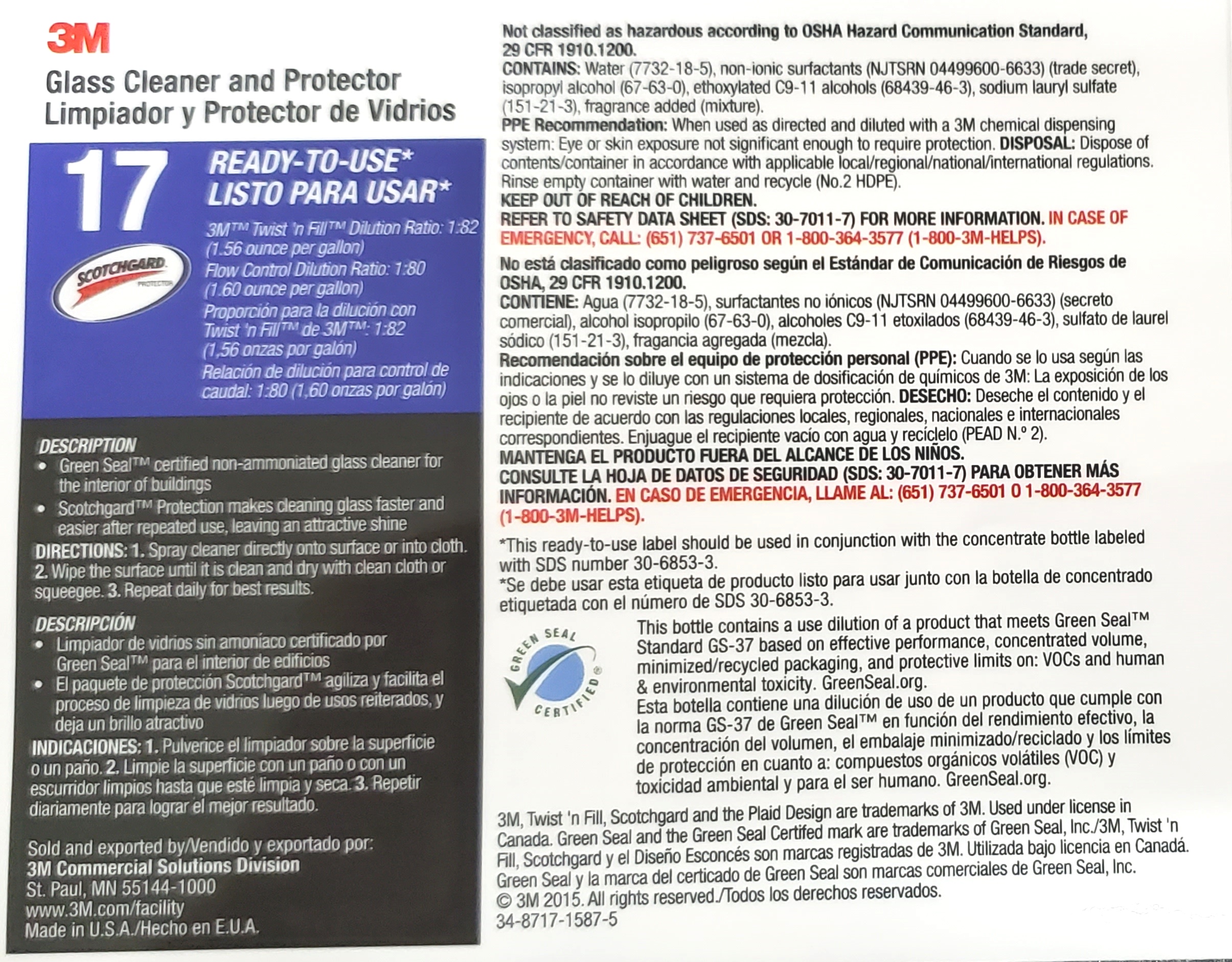 3M 17 Glass Cleaner OSHA Spray Bottle Labels (12/Pack)