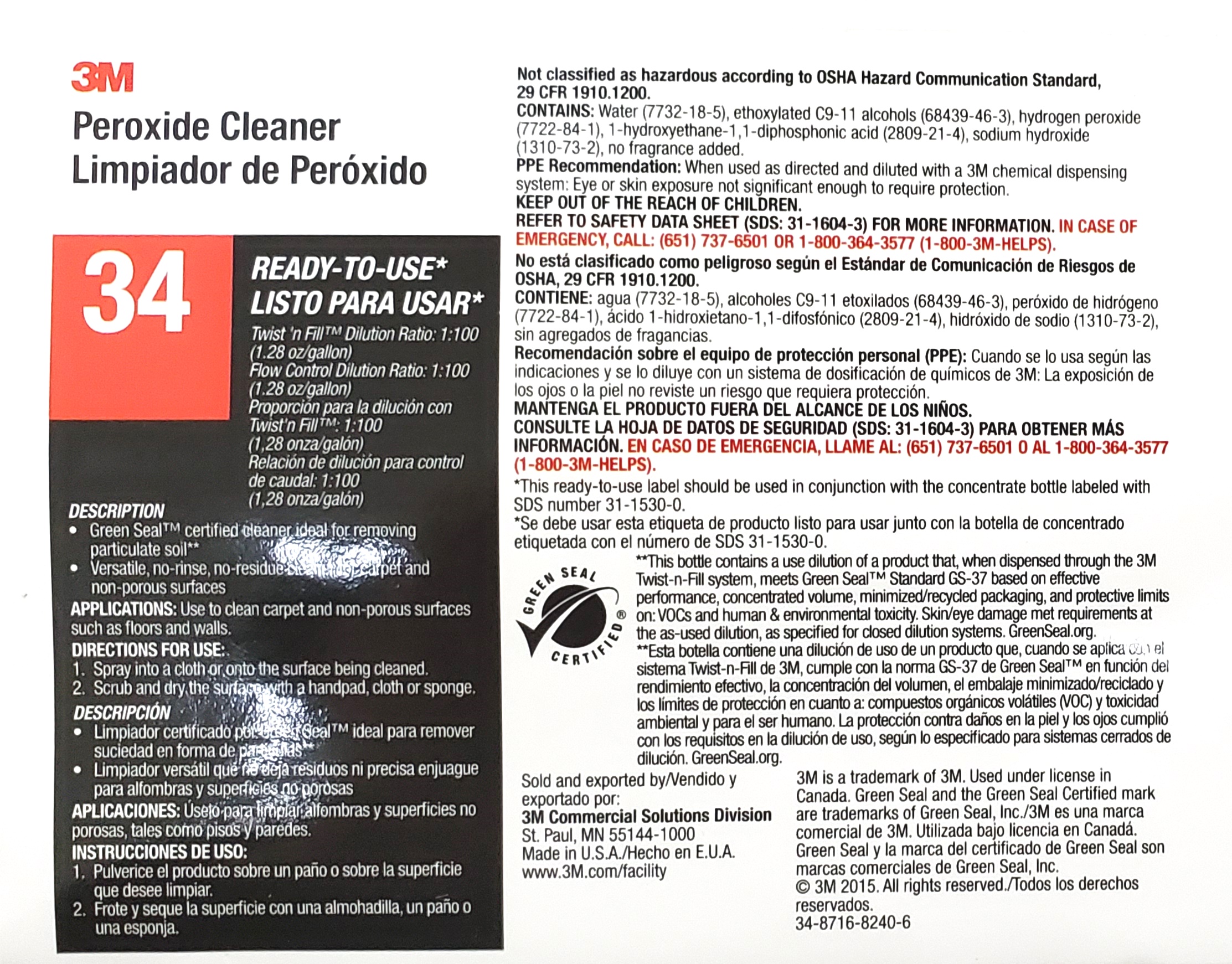3M 34 Peroxide Cleaner OSHA Spray Bottle Labels (12/Pack)