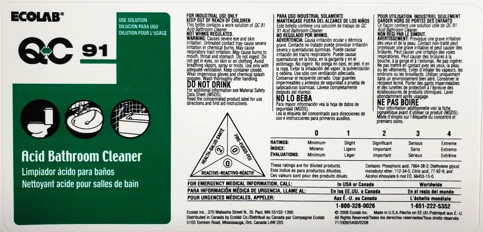 Ecolab OSHA Required Spray Bottle Labels QC 91 Restroom Cleaner